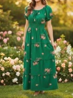 Kindred Green Embroidered Floral Maxi Dress Smocked Waist. Size 1X.
